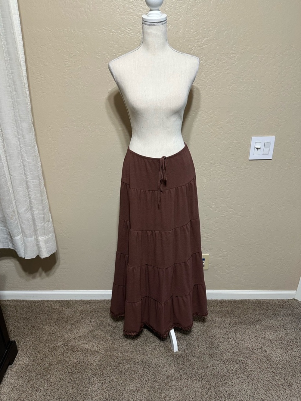 SHEIN Chocolate Brown Tiered Maxi Skirt with Drawstring